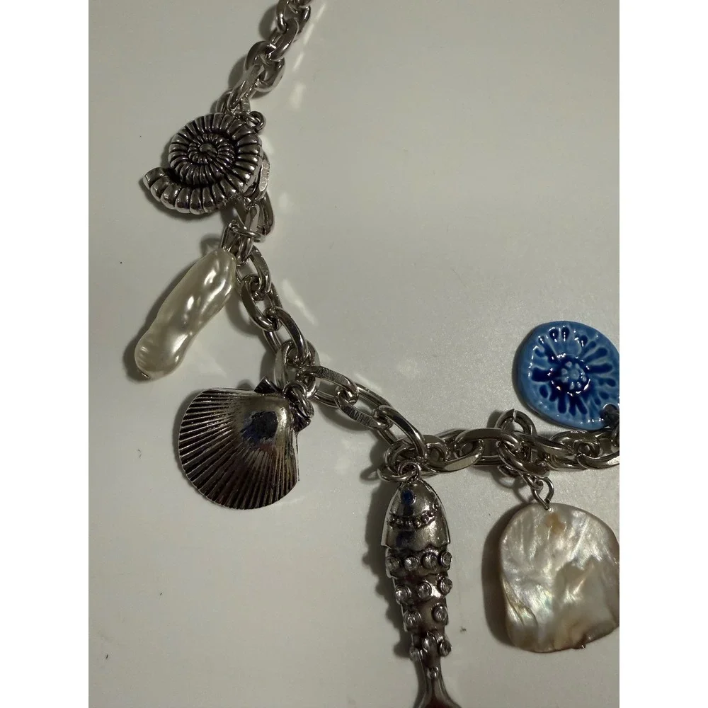 Silver Tone Ocean Charm Chunky Chain Necklace Turtle Fish Shell Pearl 18-20